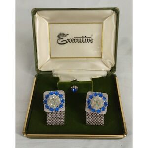 Vintage Executive Silver Tone W/Blue & Clear Stones Cuff Links & Tie Pin